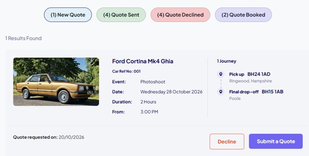 A new quote request on the supplier dashboard