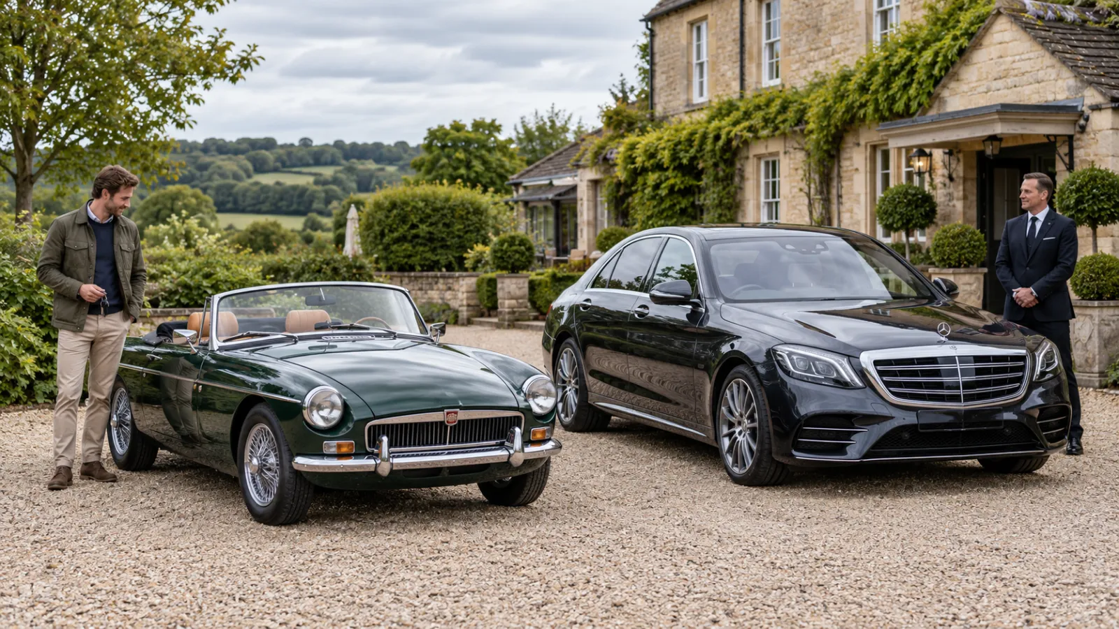 A Modern Mercedes with its chauffeur parked next to a classic convertible Roadster.